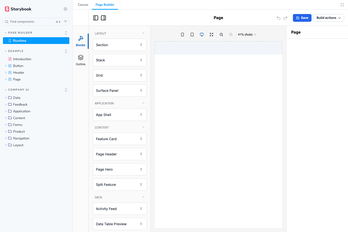 Screenshot of the storybook-page-builder demo interface